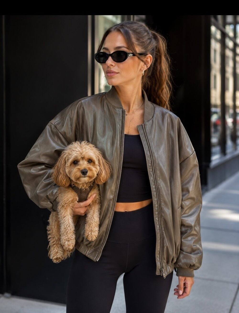 Alo Yoga Faux Leather Premier Bomber Jacket Sz M Zip Oversized Pockets Unisex